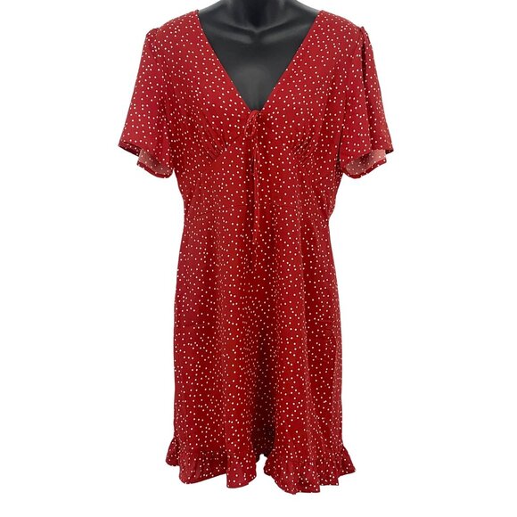 Rihoas Red Polka Dot Ruffle Hem Dress Women Size Medium M V-Neck Ruffle New - Picture 1 of 6